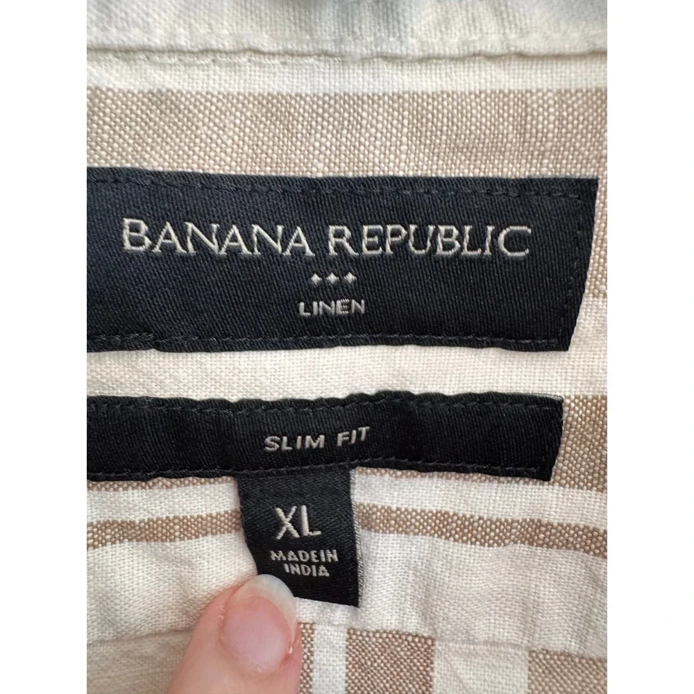 Banana Republic Mens XL Slim Fit Linen Cotton Striped Short Sleeve Shirt Tan